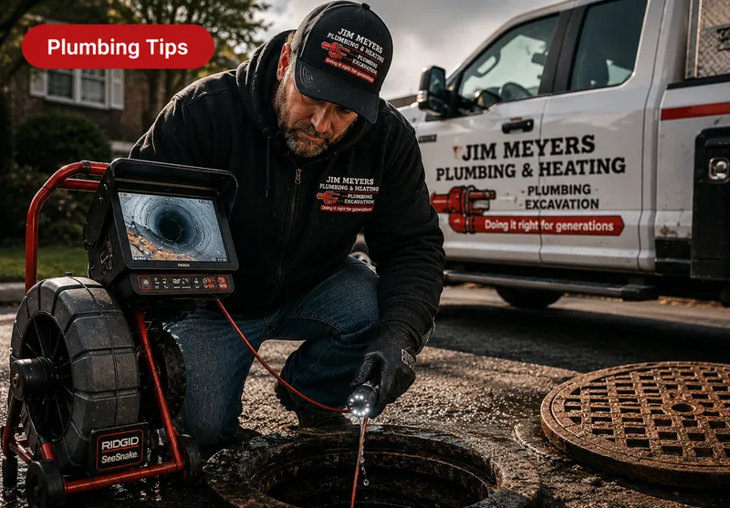 Jim Meyers Plumbing technician running a sewer camera into a street manhole next to a branded service truck