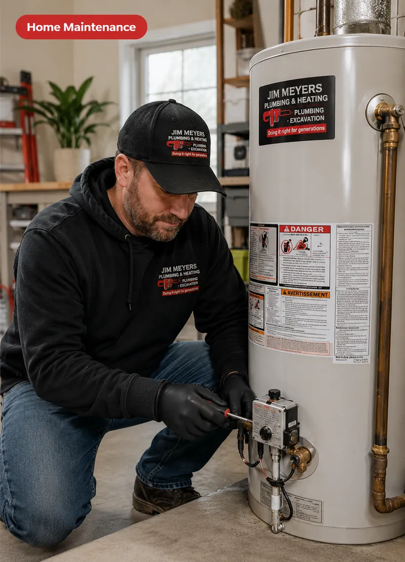 Jim Meyers Plumbing technician in branded hat and hoodie servicing a residential water heater