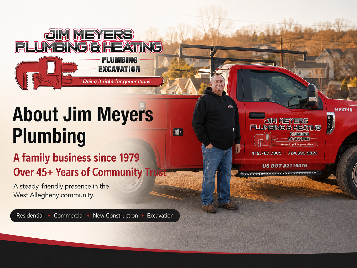 Jim Meyers Plumbing — a family business since 1979. Owner standing beside a branded service truck.