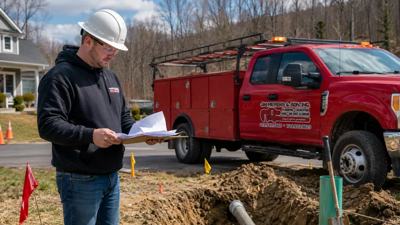 Jim Meyers Plumbing technician in a hard hat reviewing site plans next to a red service truck and utility marker flags around an excavated trench