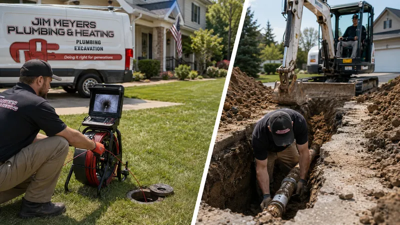 Side-by-side comparison: Jim Meyers van with a sewer camera at a cleanout next to a mini-excavator and technician replacing a pipe in an open trench