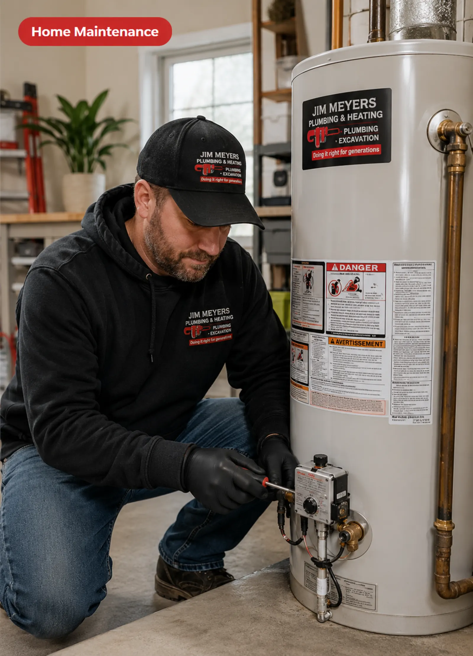 Jim Meyers Plumbing technician in branded hat and hoodie servicing a residential water heater